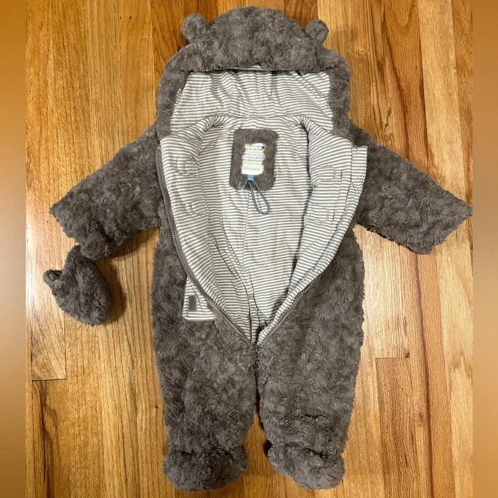 John Lewis UK Plush Bear Ears Hooded Pram Suit One Piece Gray Taupe 3-6 Months